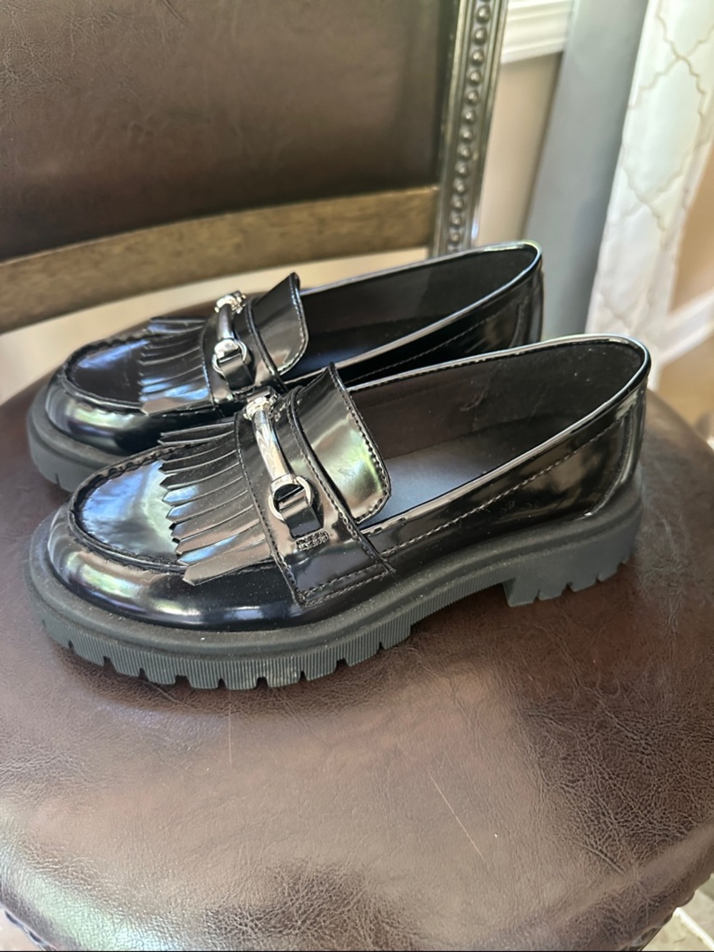 Old Navy Black Patent Kiltie Loafers with Silver Bit chunky heel 6.5